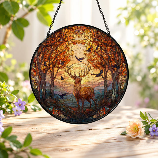 Deer in Autumn Golden Forest stained glass suncatcher window hanging – front design view