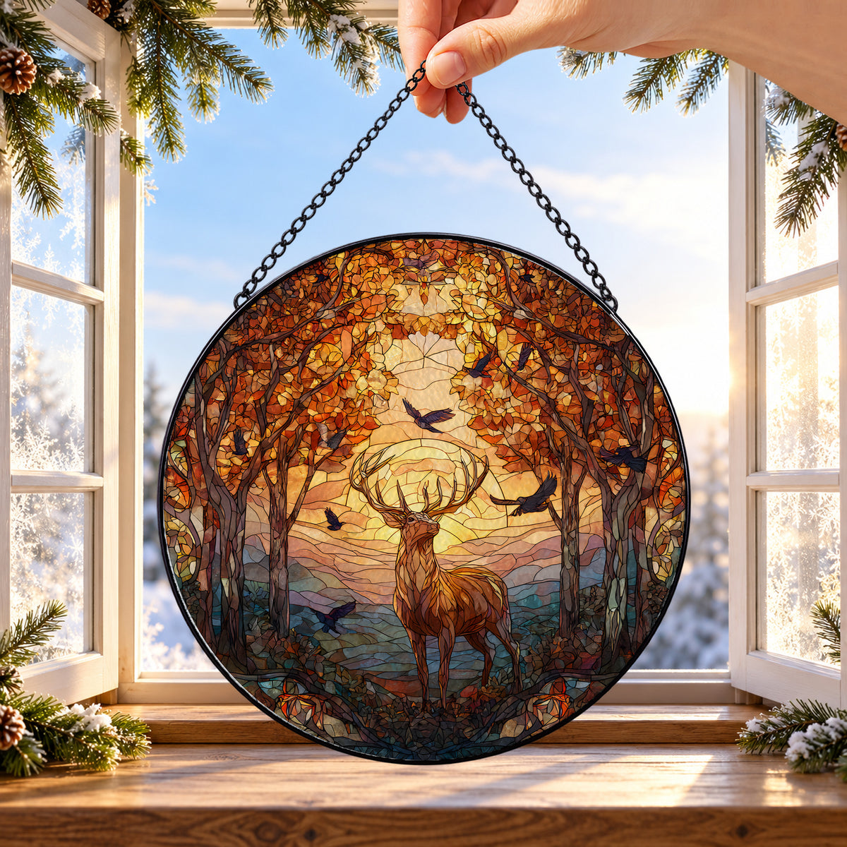 Deer in Autumn Golden Forest round stained glass window hanging – second gallery view