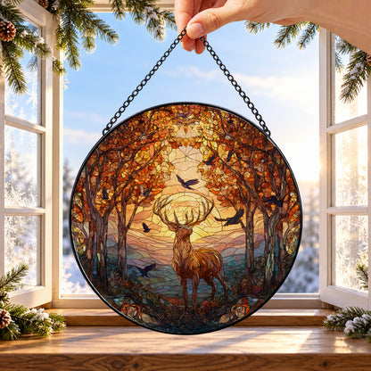 Deer in Autumn Golden Forest round stained glass window hanging – second gallery view