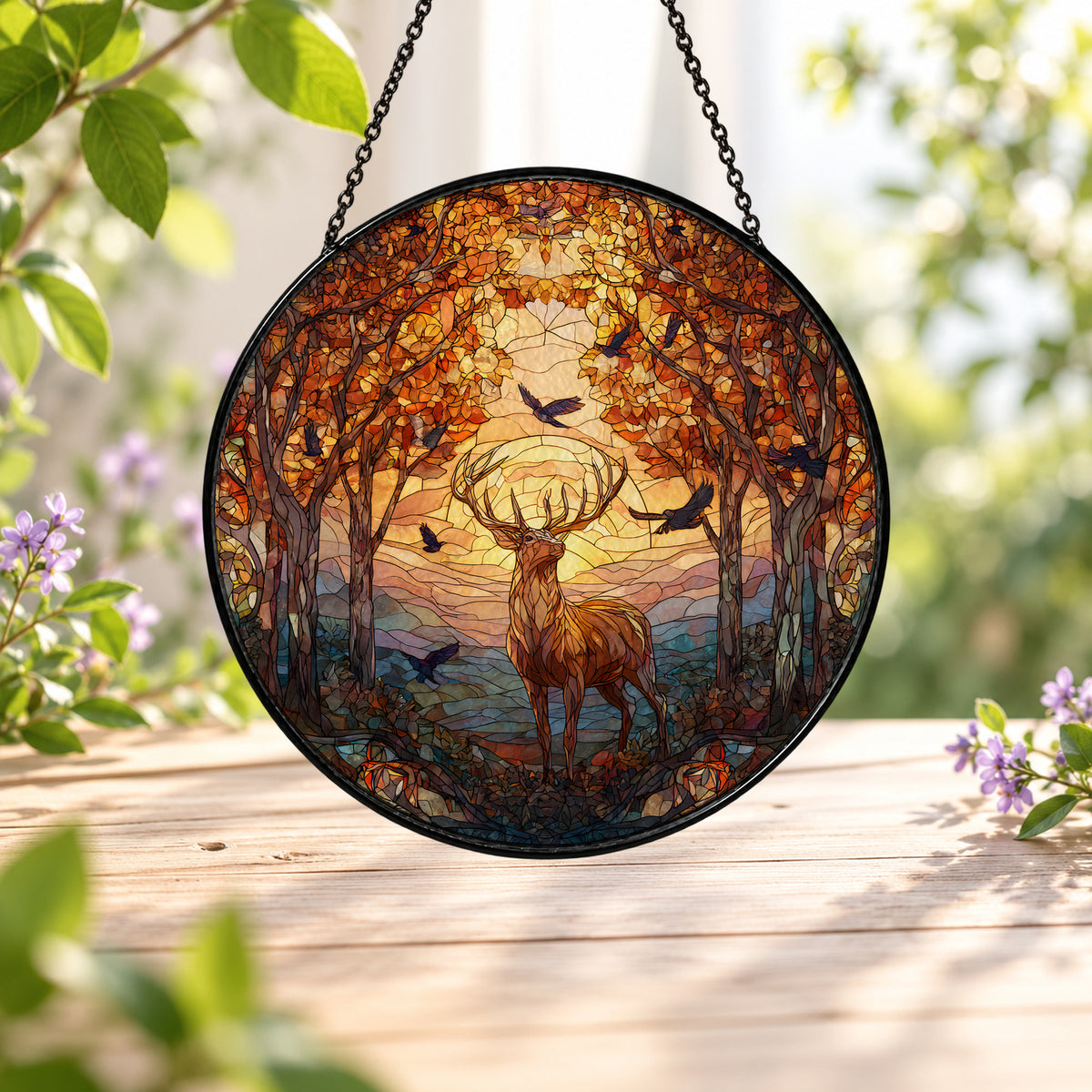 Deer in Autumn Golden Forest stained glass window suncatcher – third gallery view
