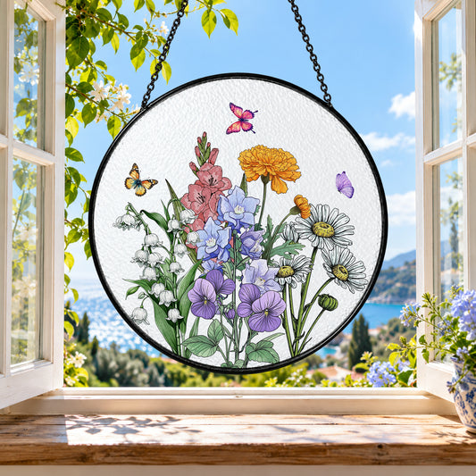 Delicate Cottage Wildflower Garden stained glass suncatcher window hanging – front design view