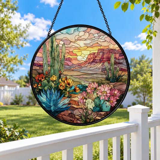 Desert Cactus Garden Sunset stained glass suncatcher window hanging – front design view
