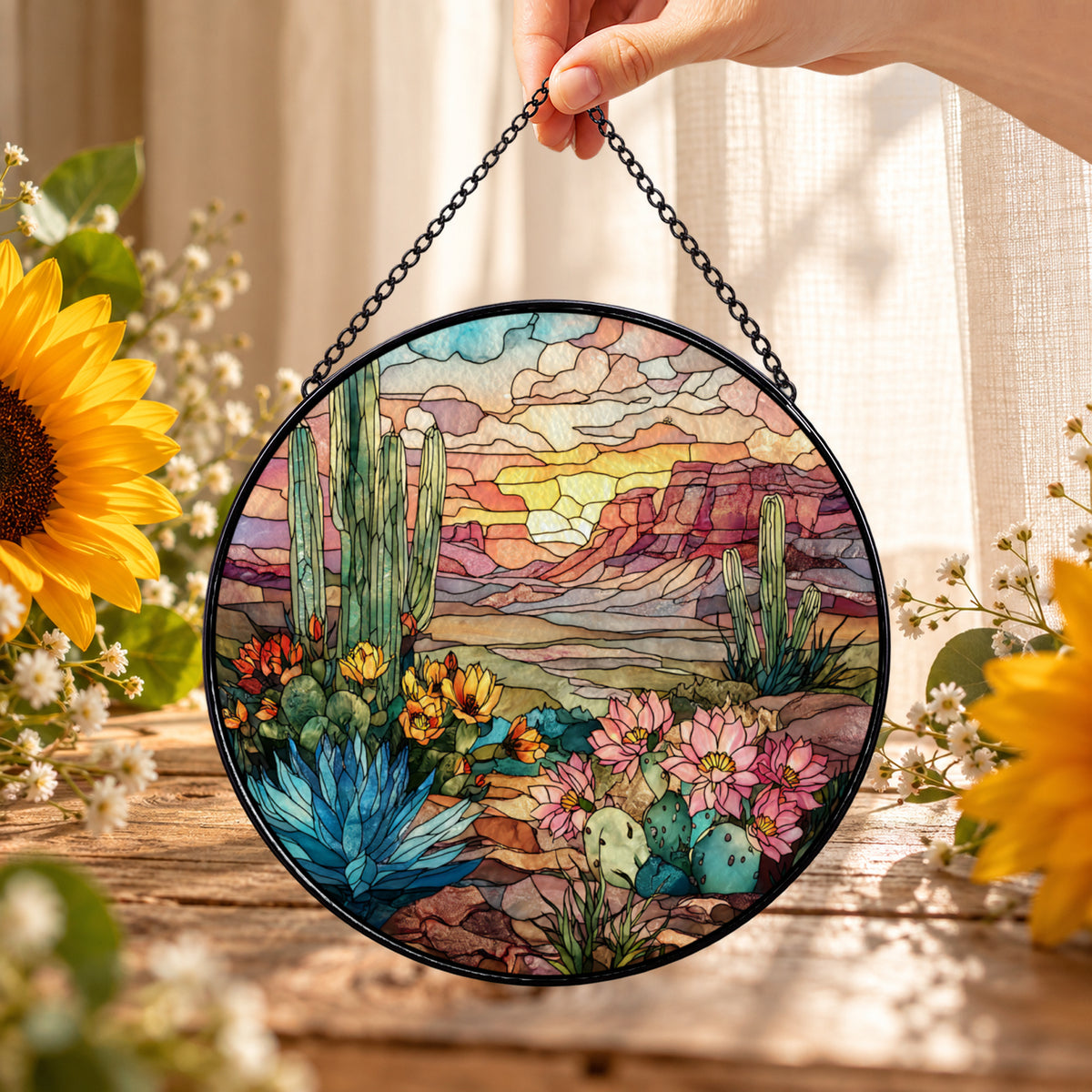 Desert Cactus Garden Sunset round stained glass window hanging – second gallery view