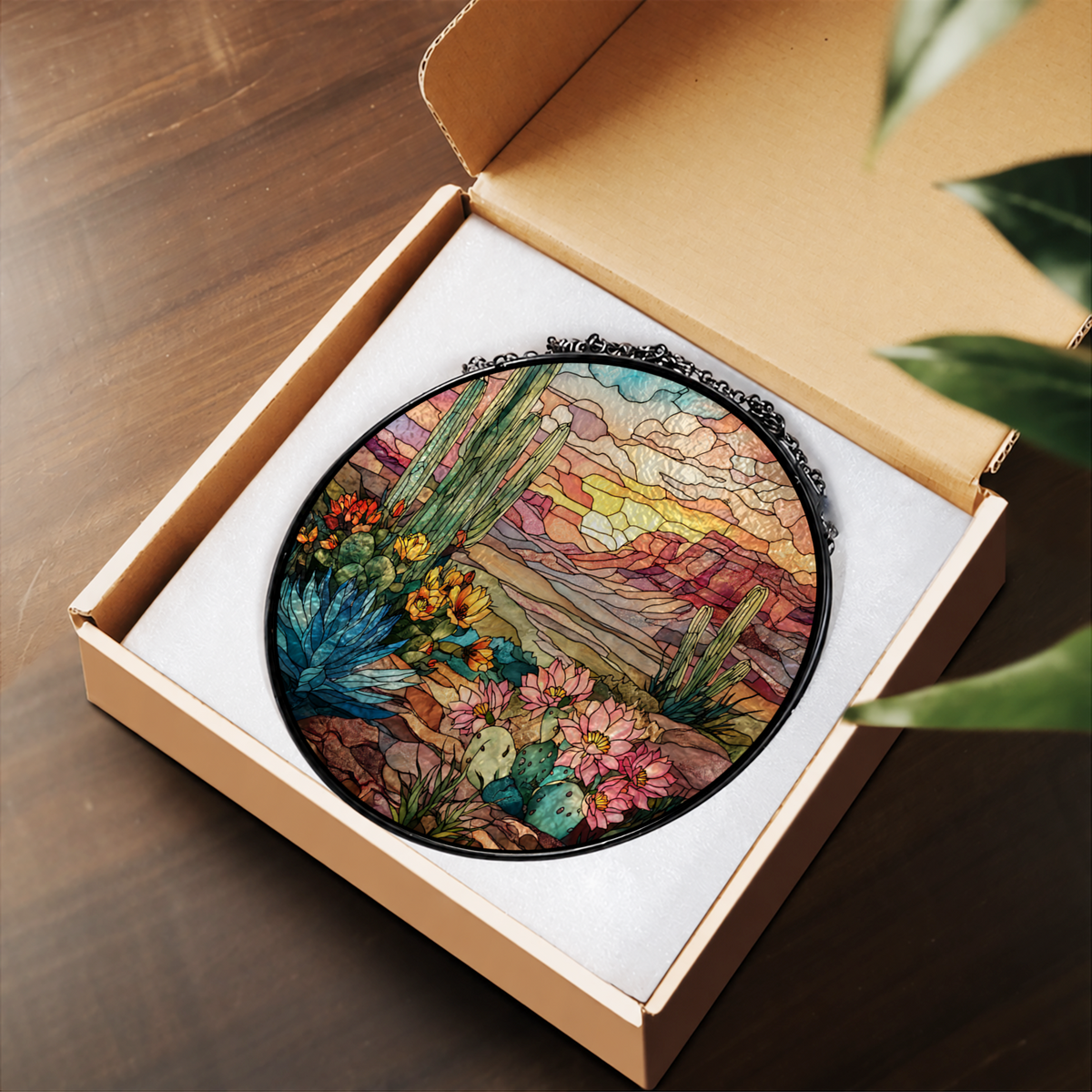 Desert Cactus Garden Sunset stained glass suncatcher – flat printed artwork design