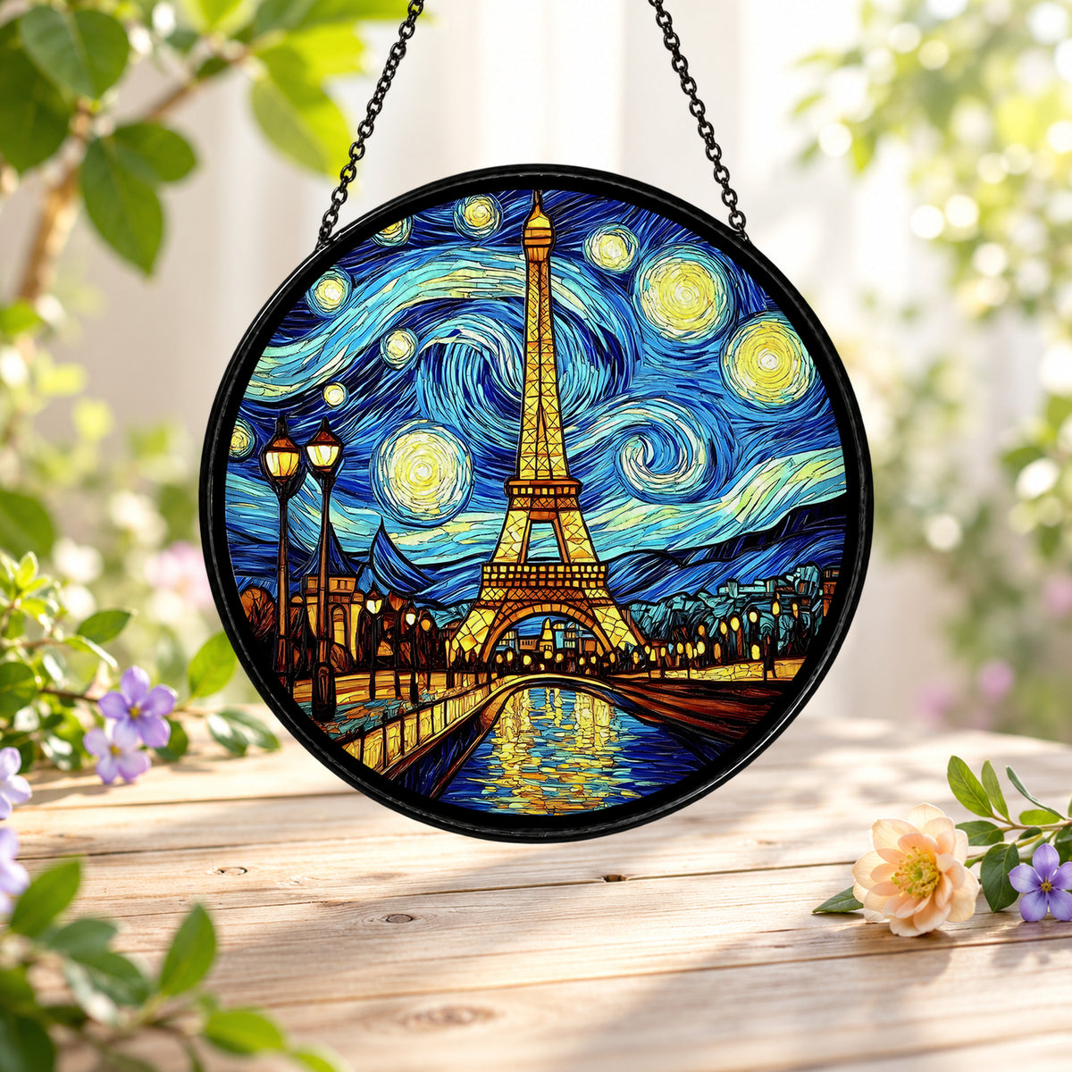 Eiffel Tower beneath Swirling Starry Sky stained glass suncatcher window hanging – front design view