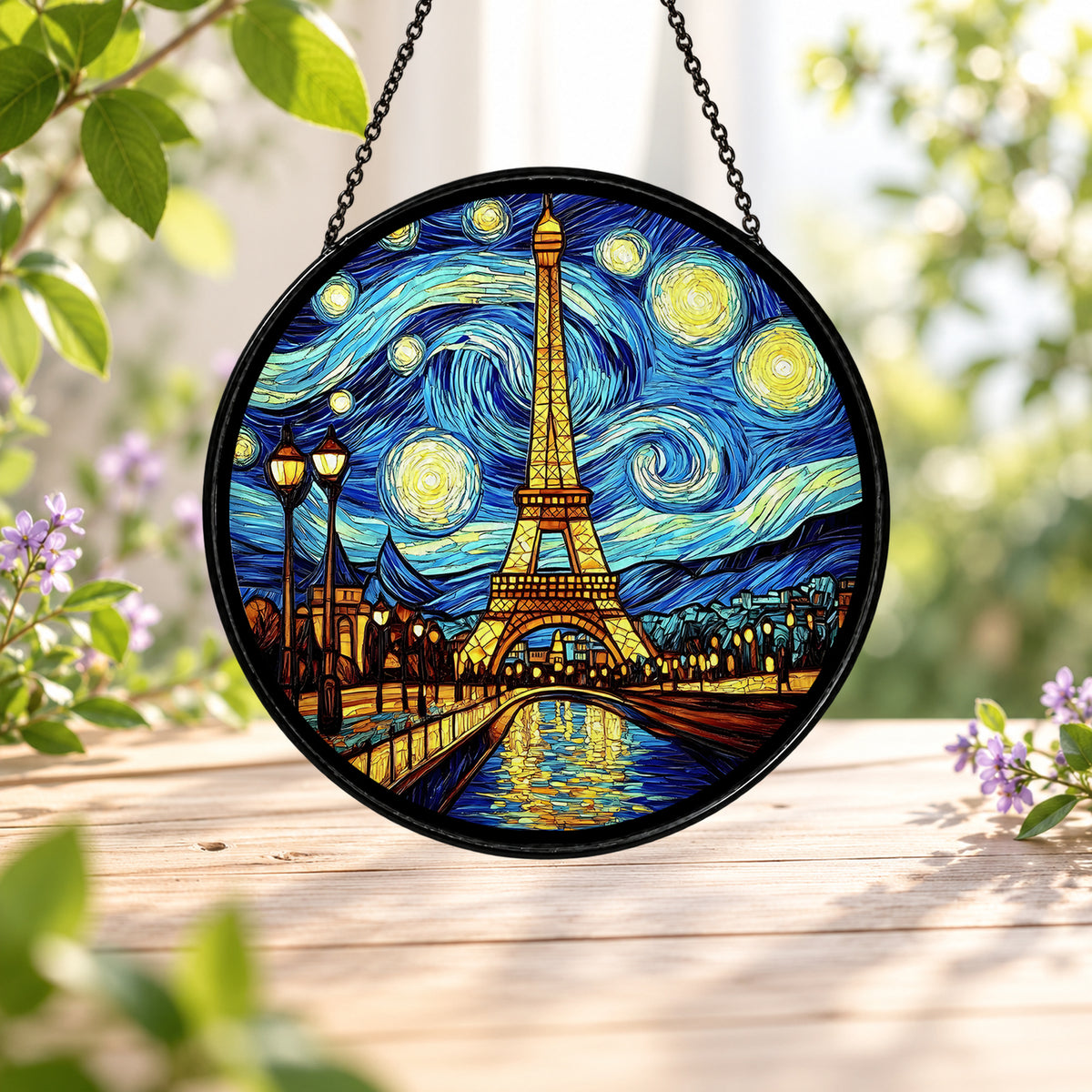 Eiffel Tower beneath Swirling Starry Sky stained glass window suncatcher – third gallery view