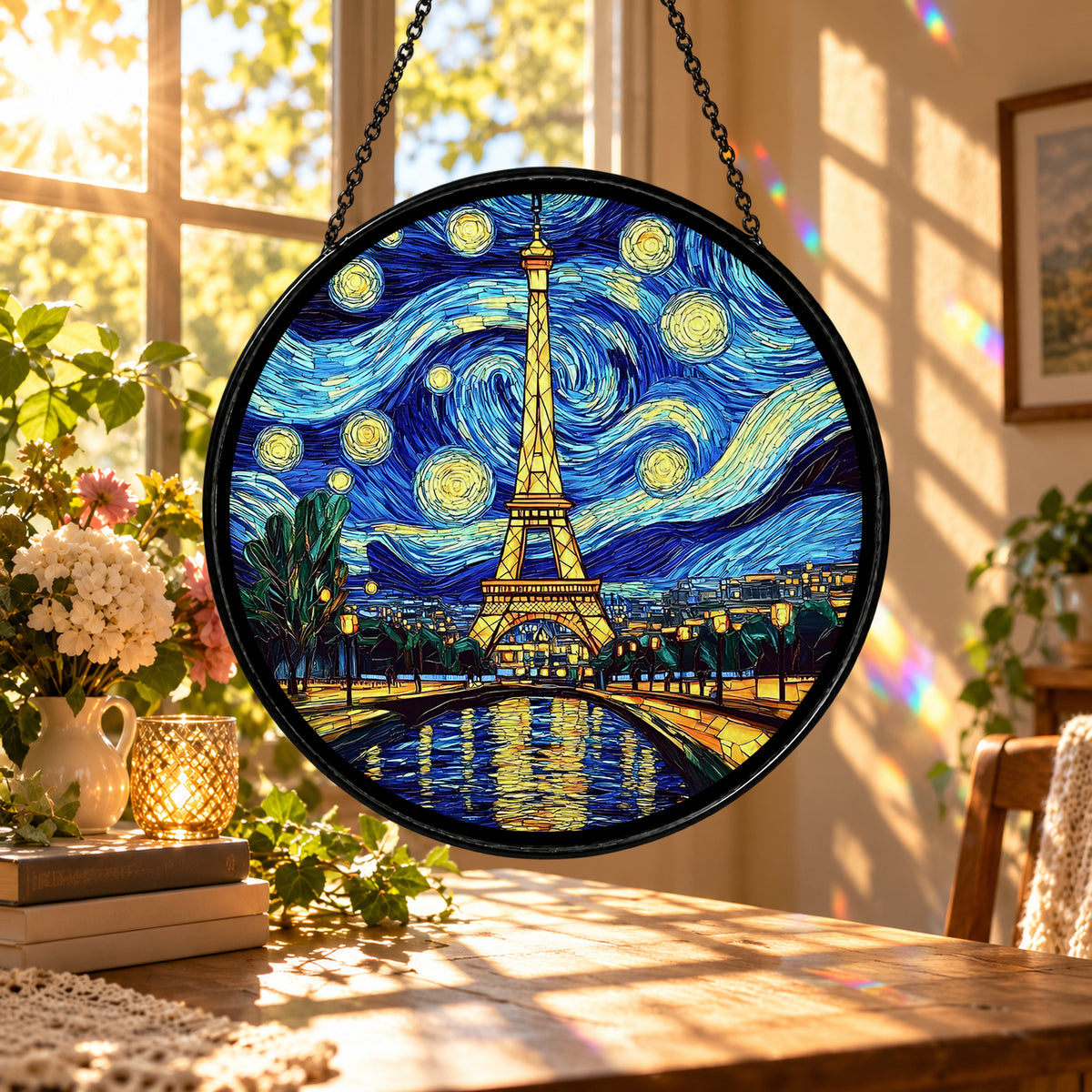 Eiffel Tower under Starry Night Sky stained glass suncatcher window hanging – front design view