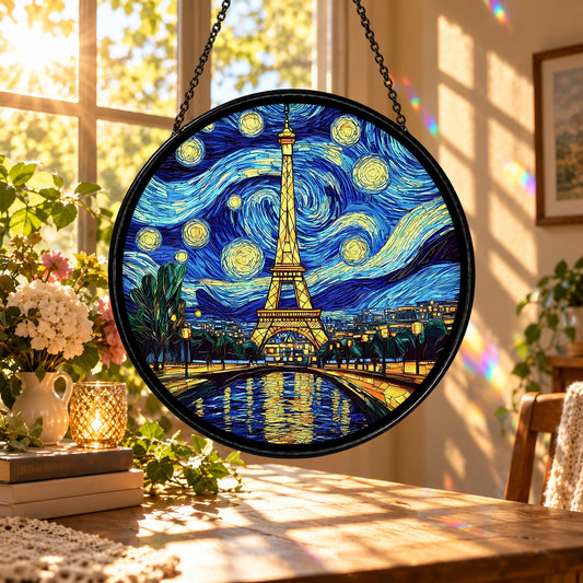 Eiffel Tower under Starry Night Sky stained glass suncatcher window hanging – front design view