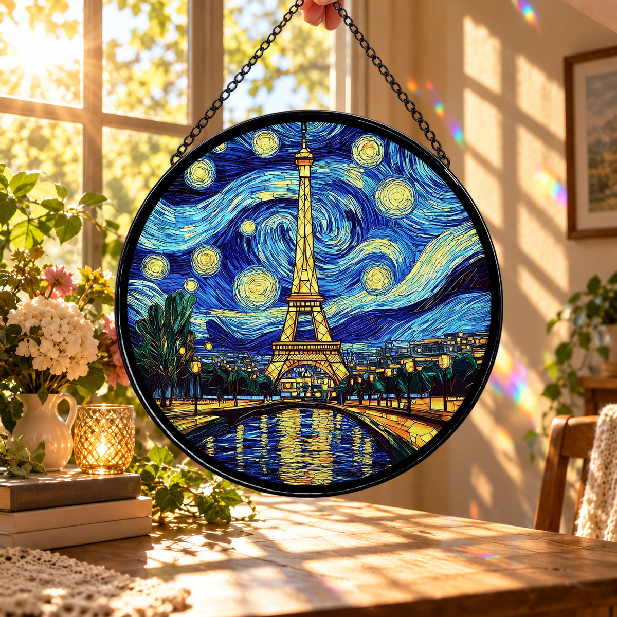 Eiffel Tower under Starry Night Sky round stained glass window hanging – second gallery view