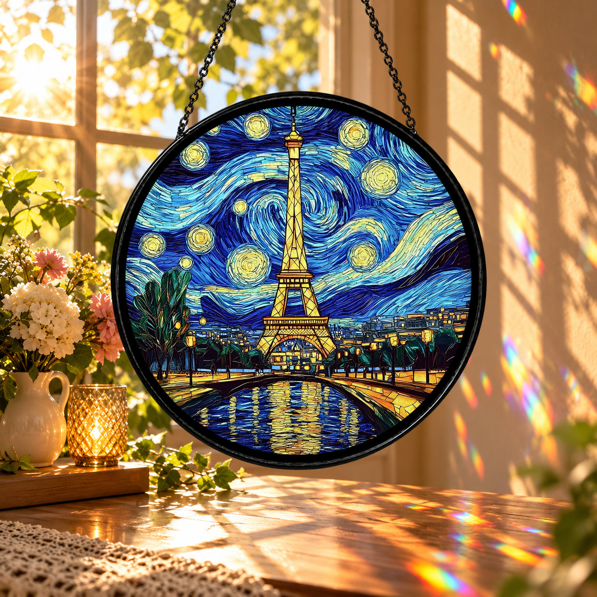 Eiffel Tower under Starry Night Sky stained glass window suncatcher – third gallery view