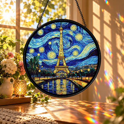 Eiffel Tower under Starry Night Sky stained glass window suncatcher – third gallery view
