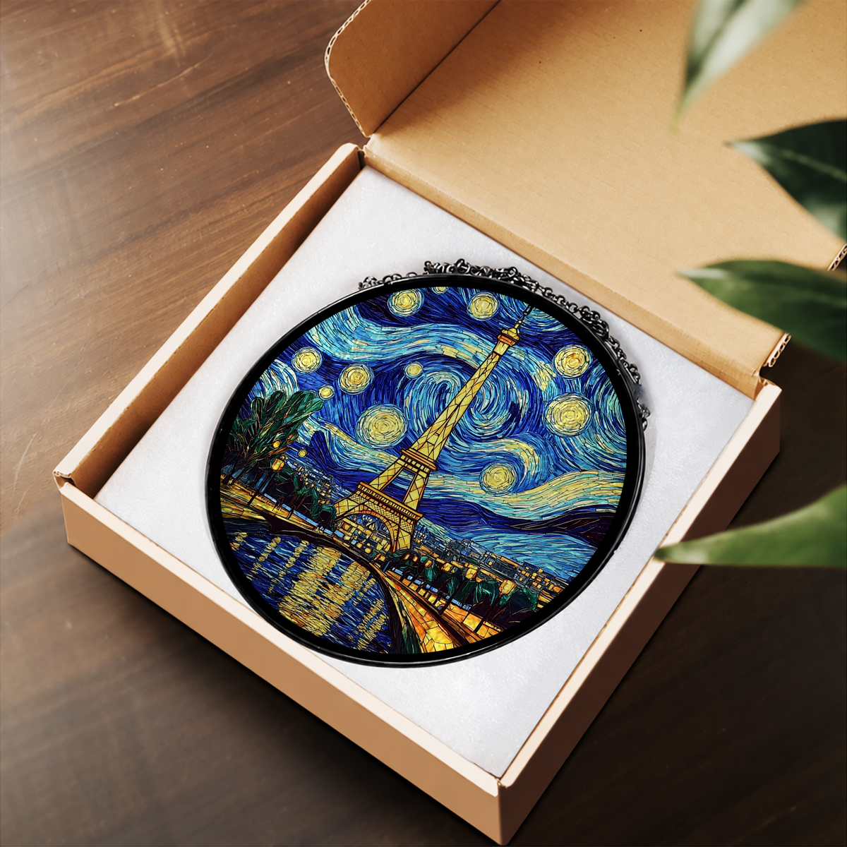 Eiffel Tower under Starry Night Sky stained glass suncatcher – flat printed artwork design