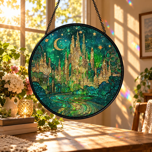 Enchanted Emerald Forest and Golden Light stained glass suncatcher window hanging – front design view