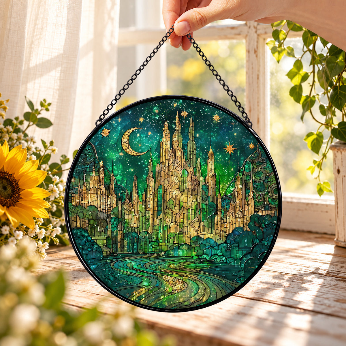 Enchanted Emerald Forest and Golden Light round stained glass window hanging – second gallery view