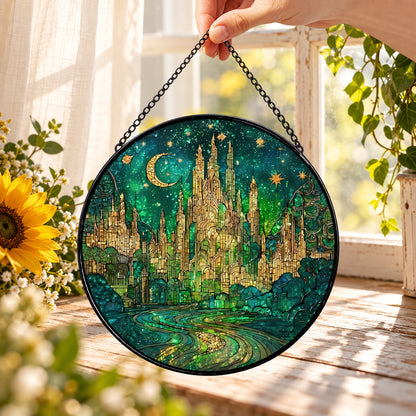 Enchanted Emerald Forest and Golden Light round stained glass window hanging – second gallery view
