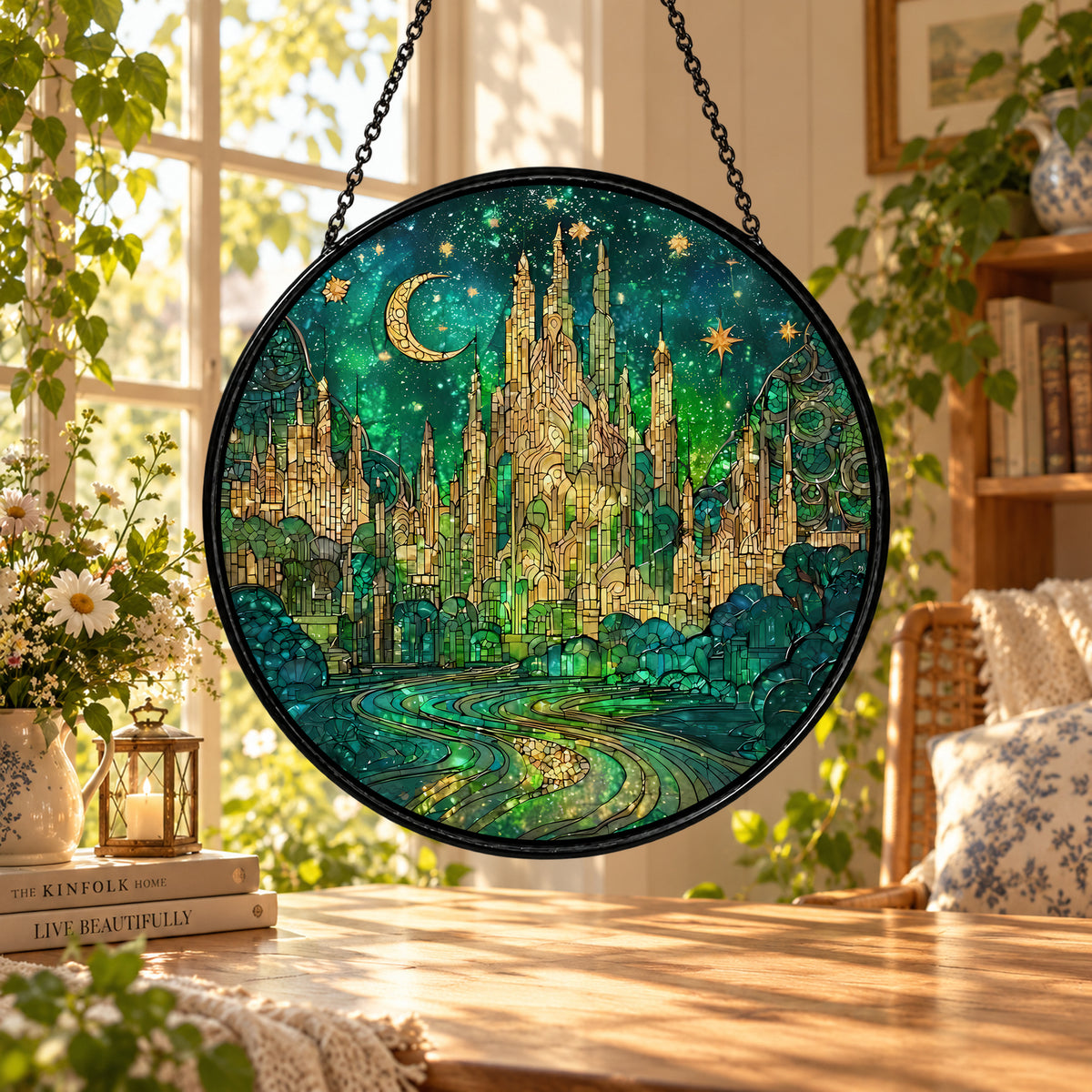 Enchanted Emerald Forest and Golden Light stained glass window suncatcher – third gallery view
