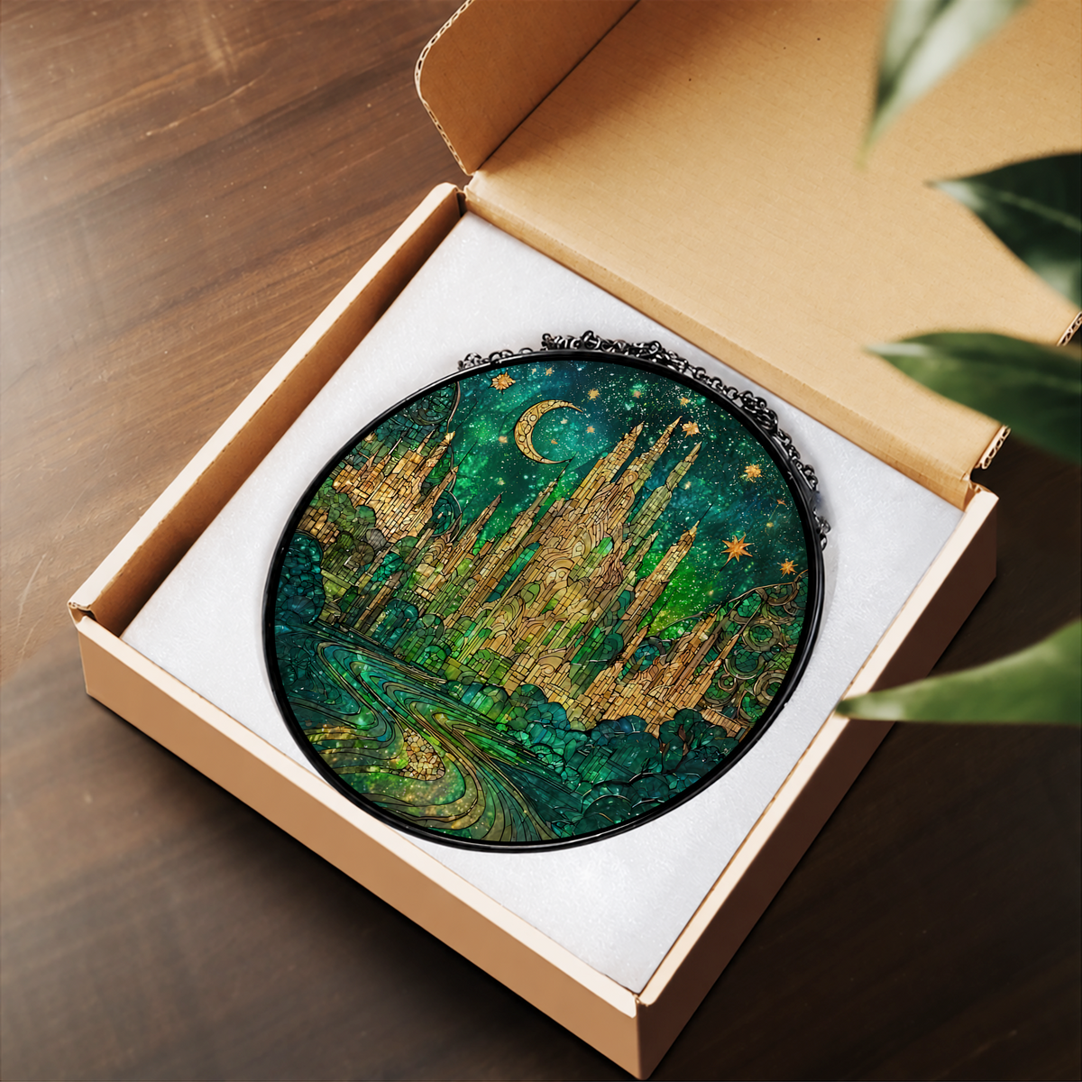 Enchanted Emerald Forest and Golden Light stained glass suncatcher – flat printed artwork design