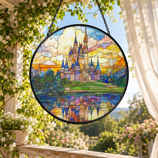 Fairytale Castle Reflected in Lake stained glass suncatcher window hanging – front design view