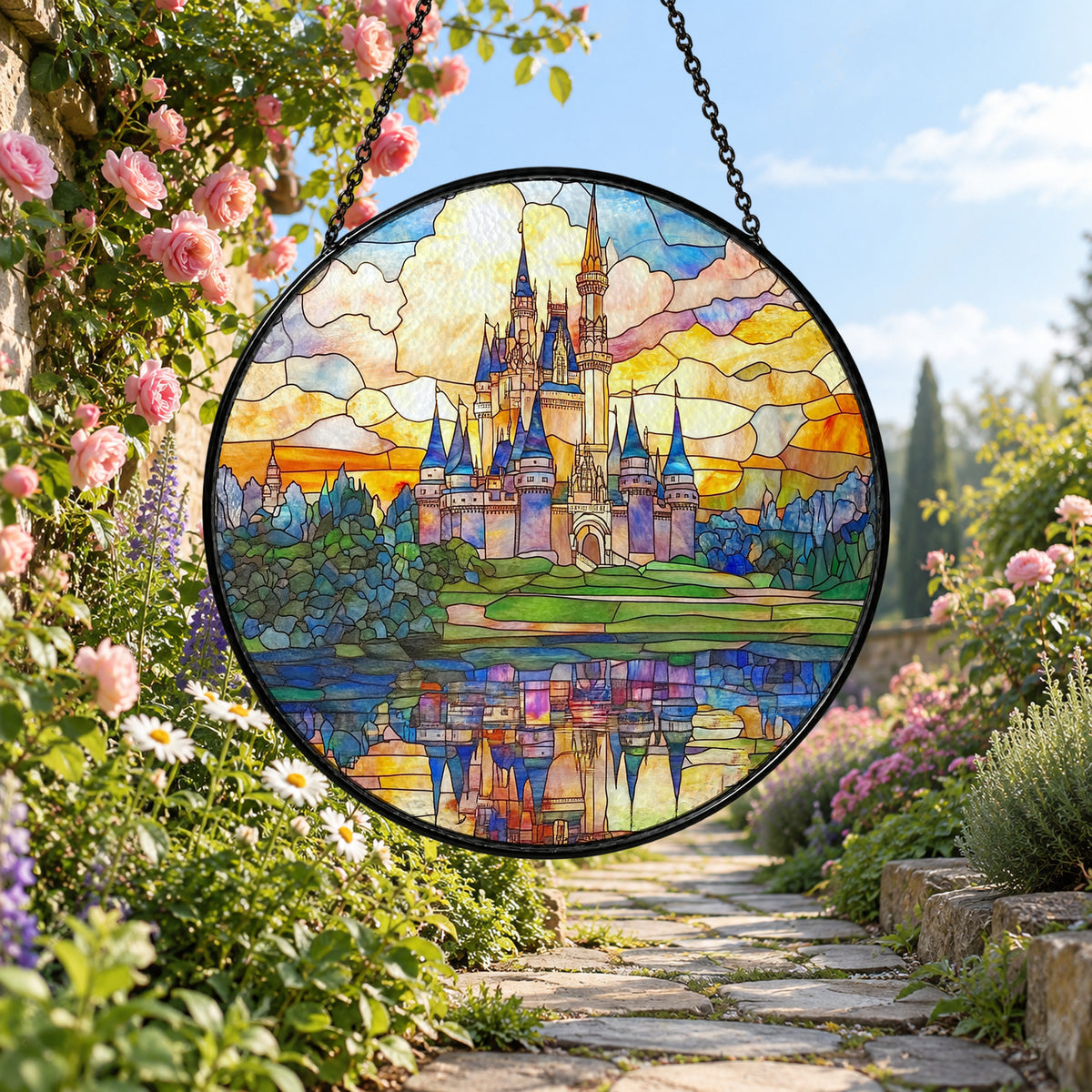 Fairytale Castle Reflected in Lake stained glass window suncatcher – third gallery view