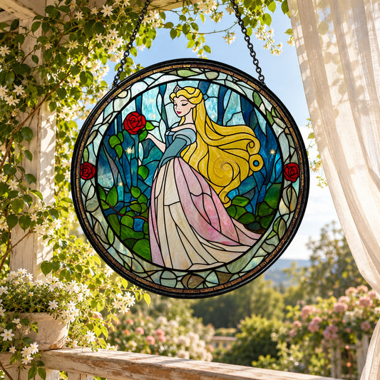 Fairytale Princess in Forest Garden stained glass suncatcher window hanging – front design view