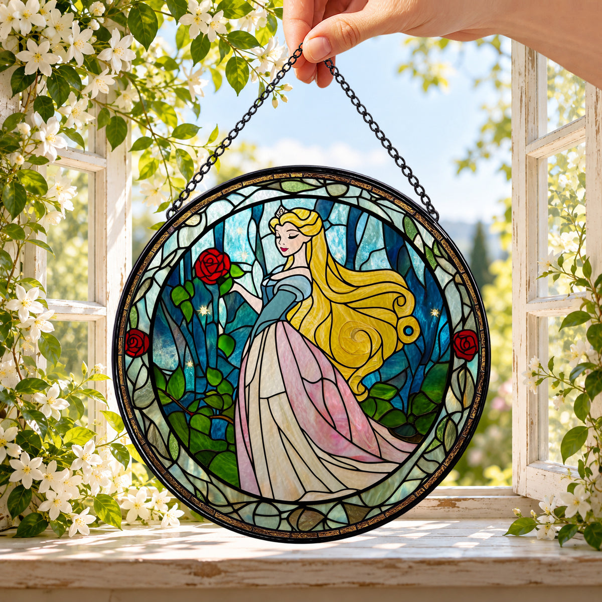 Fairytale Princess in Forest Garden round stained glass window hanging – second gallery view