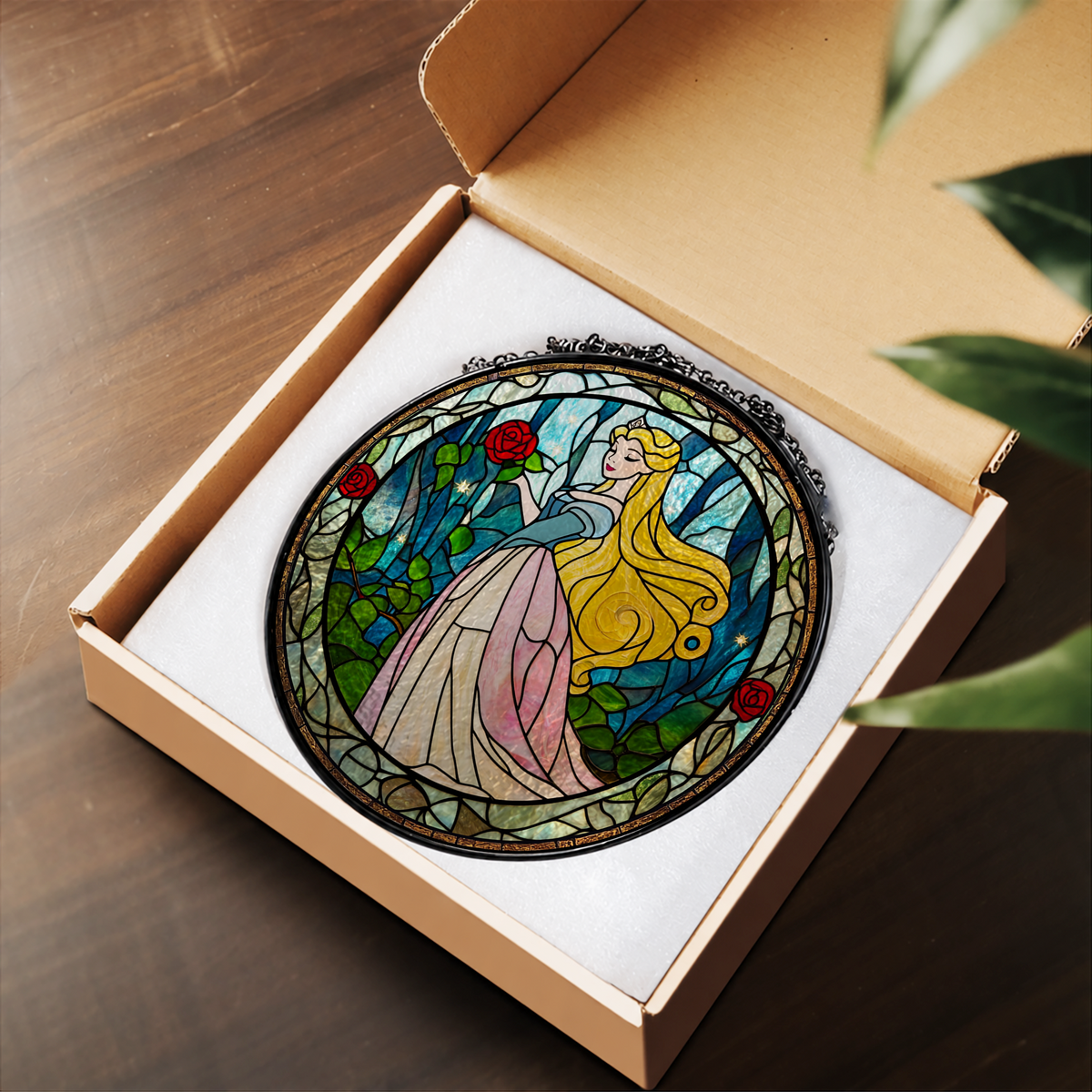 Fairytale Princess in Forest Garden stained glass suncatcher – flat printed artwork design