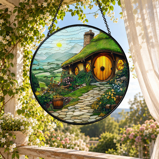Fairytale Round Door Cottage stained glass suncatcher window hanging – front design view