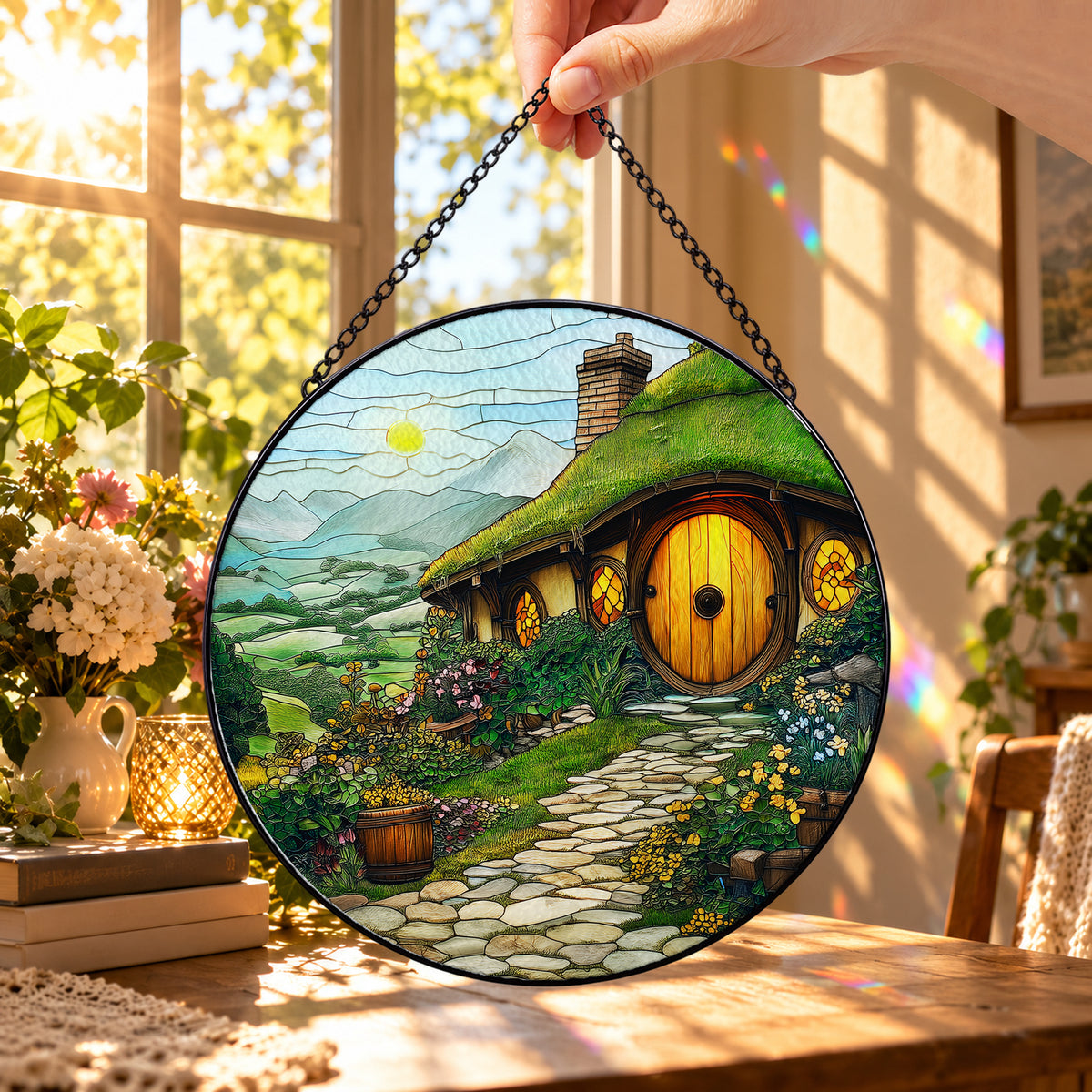 Fairytale Round Door Cottage round stained glass window hanging – second gallery view