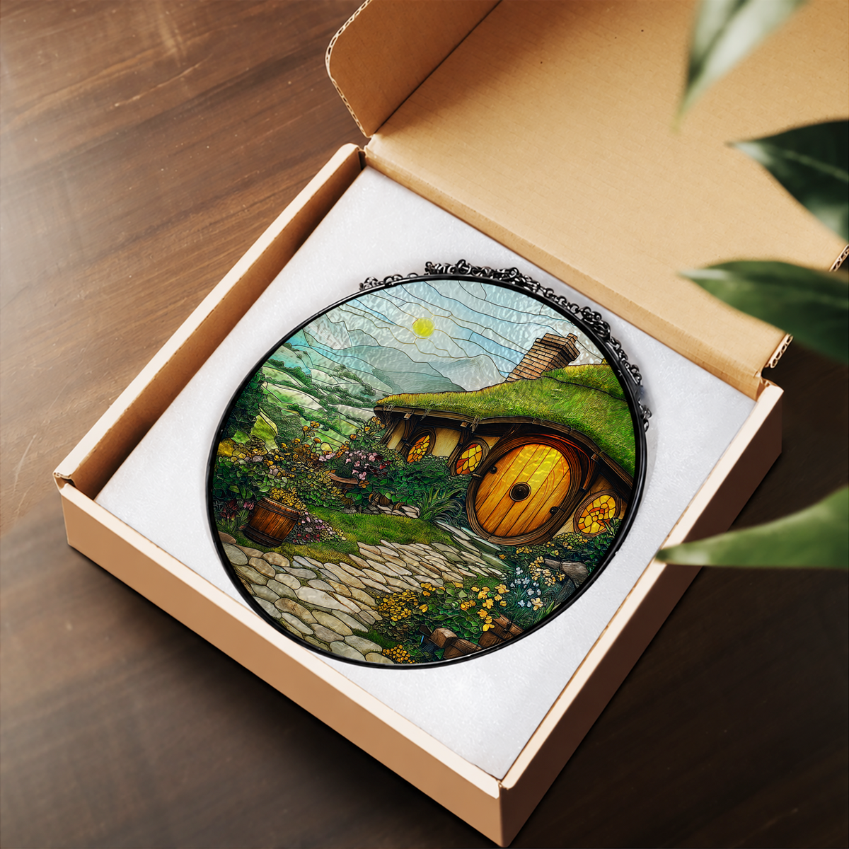 Fairytale Round Door Cottage stained glass suncatcher – flat printed artwork design