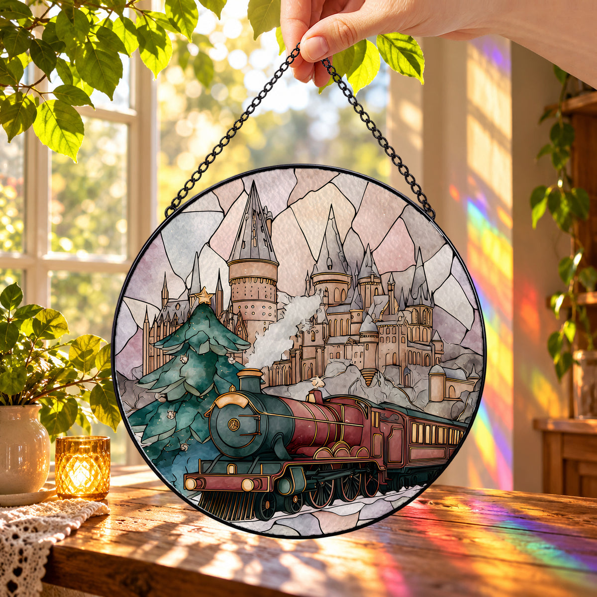 Fairytale Train and Stone Castle round stained glass window hanging – second gallery view