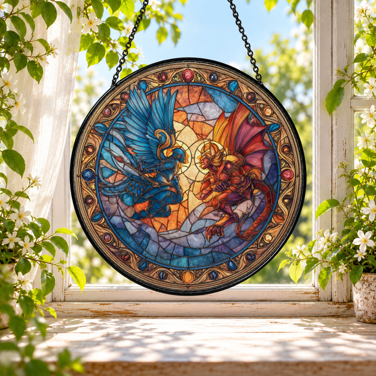 Fantasy Dragons in Ornate Circle stained glass window suncatcher – third gallery view