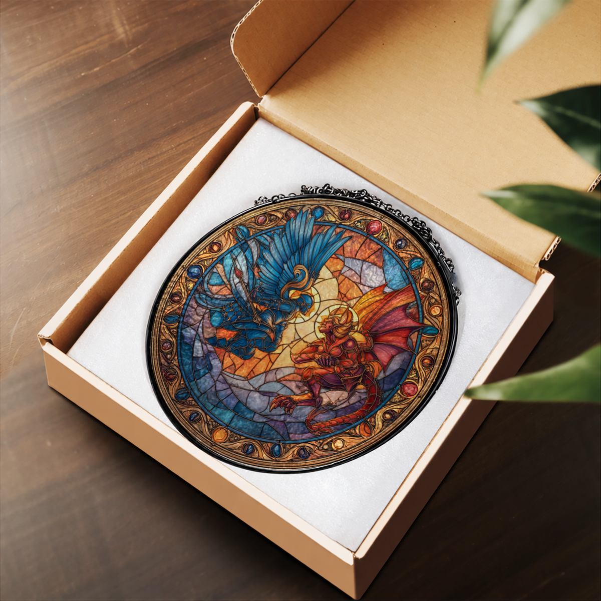 Fantasy Dragons in Ornate Circle stained glass suncatcher – flat printed artwork design