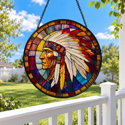 Feathered Headdress Portrait in Warm Sunset stained glass suncatcher window hanging – front design view