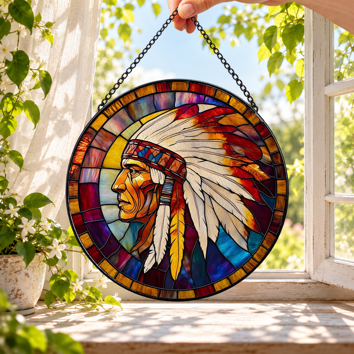 Feathered Headdress Portrait in Warm Sunset round stained glass window hanging – second gallery view