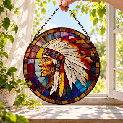 Feathered Headdress Portrait in Warm Sunset round stained glass window hanging – second gallery view