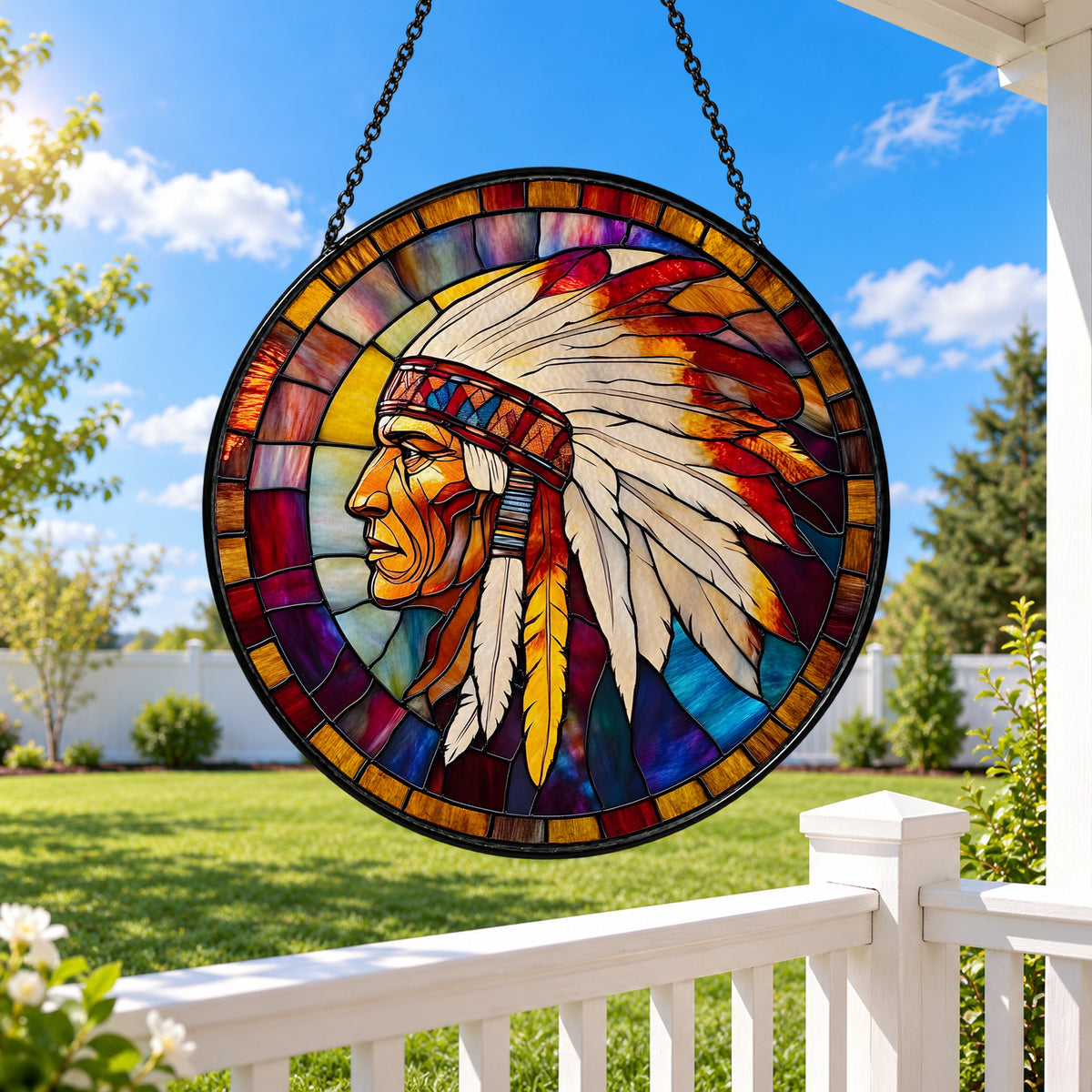 Feathered Headdress Portrait in Warm Sunset stained glass window suncatcher – third gallery view