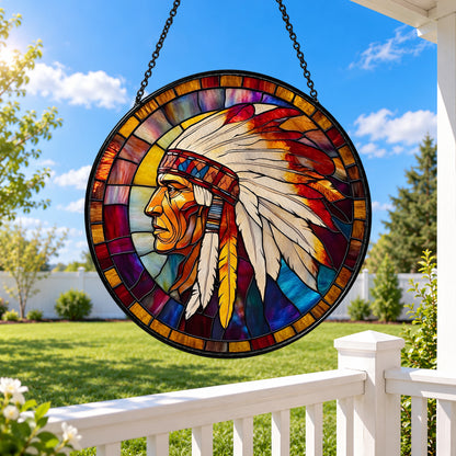 Feathered Headdress Portrait in Warm Sunset stained glass window suncatcher – third gallery view