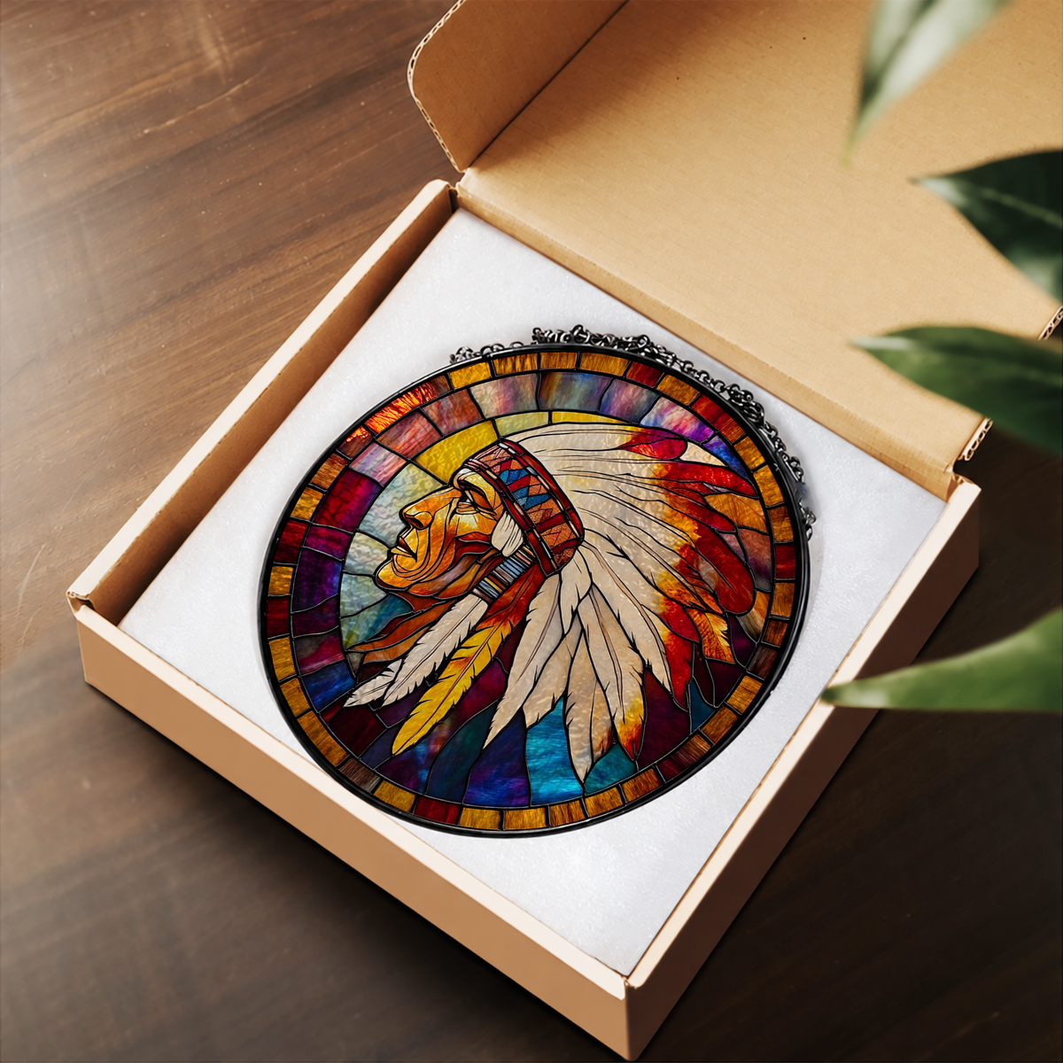 Feathered Headdress Portrait in Warm Sunset stained glass suncatcher – flat printed artwork design