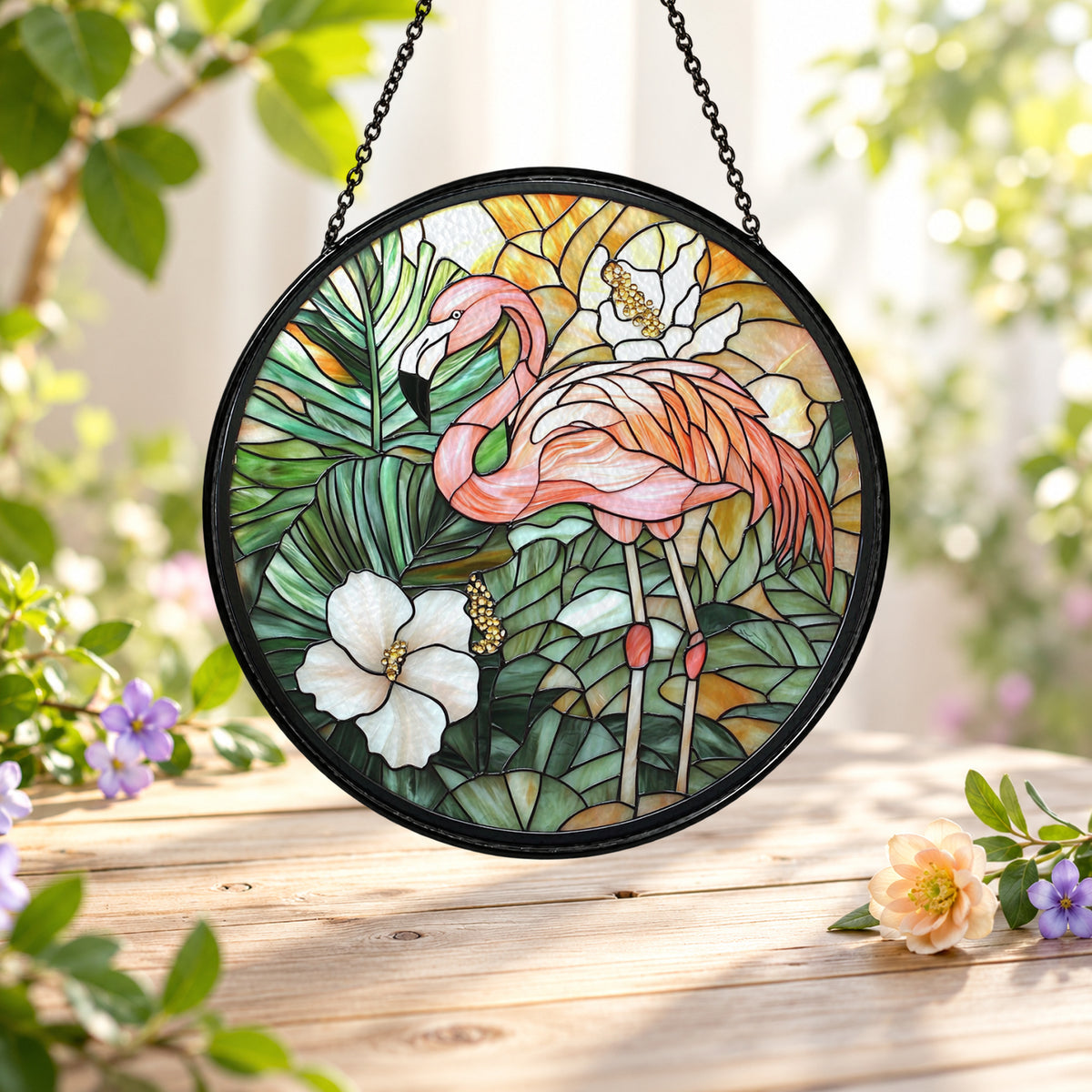 Flamingo with White Tropical Flowers stained glass suncatcher window hanging – front design view