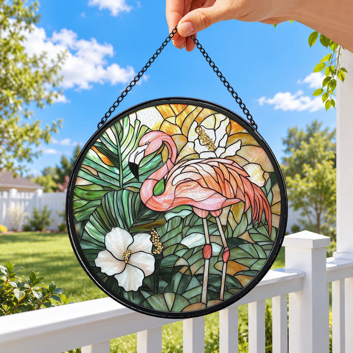 Flamingo with White Tropical Flowers round stained glass window hanging – second gallery view