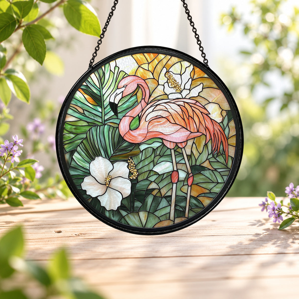 Flamingo with White Tropical Flowers stained glass window suncatcher – third gallery view