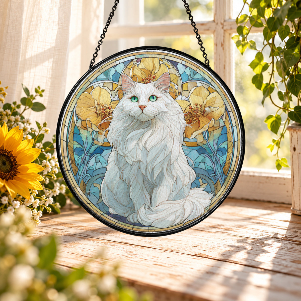 Fluffy White Cat in Flower Garden stained glass suncatcher window hanging – front design view