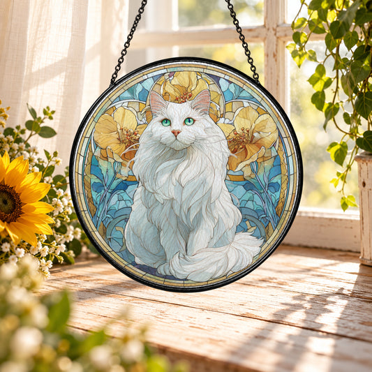 Fluffy White Cat in Flower Garden stained glass suncatcher window hanging – front design view