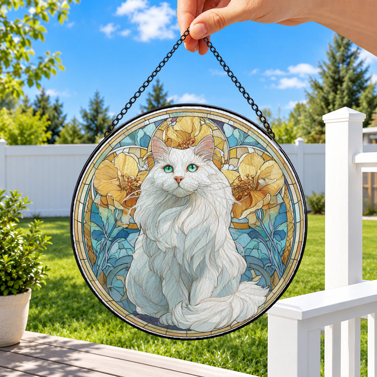Fluffy White Cat in Flower Garden round stained glass window hanging – second gallery view