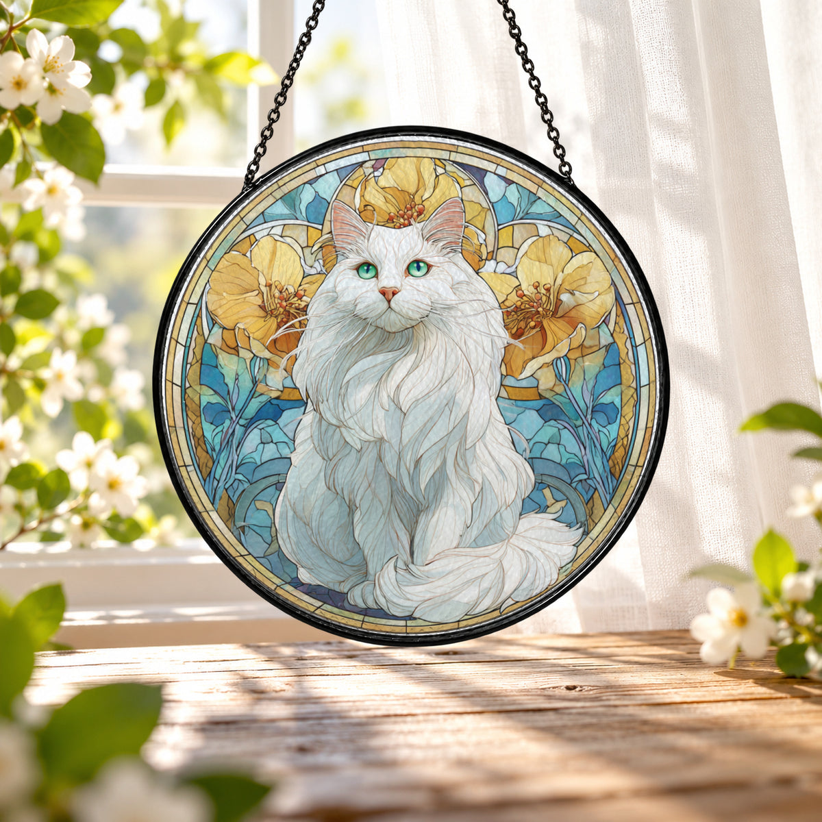 Fluffy White Cat in Flower Garden stained glass window suncatcher – third gallery view