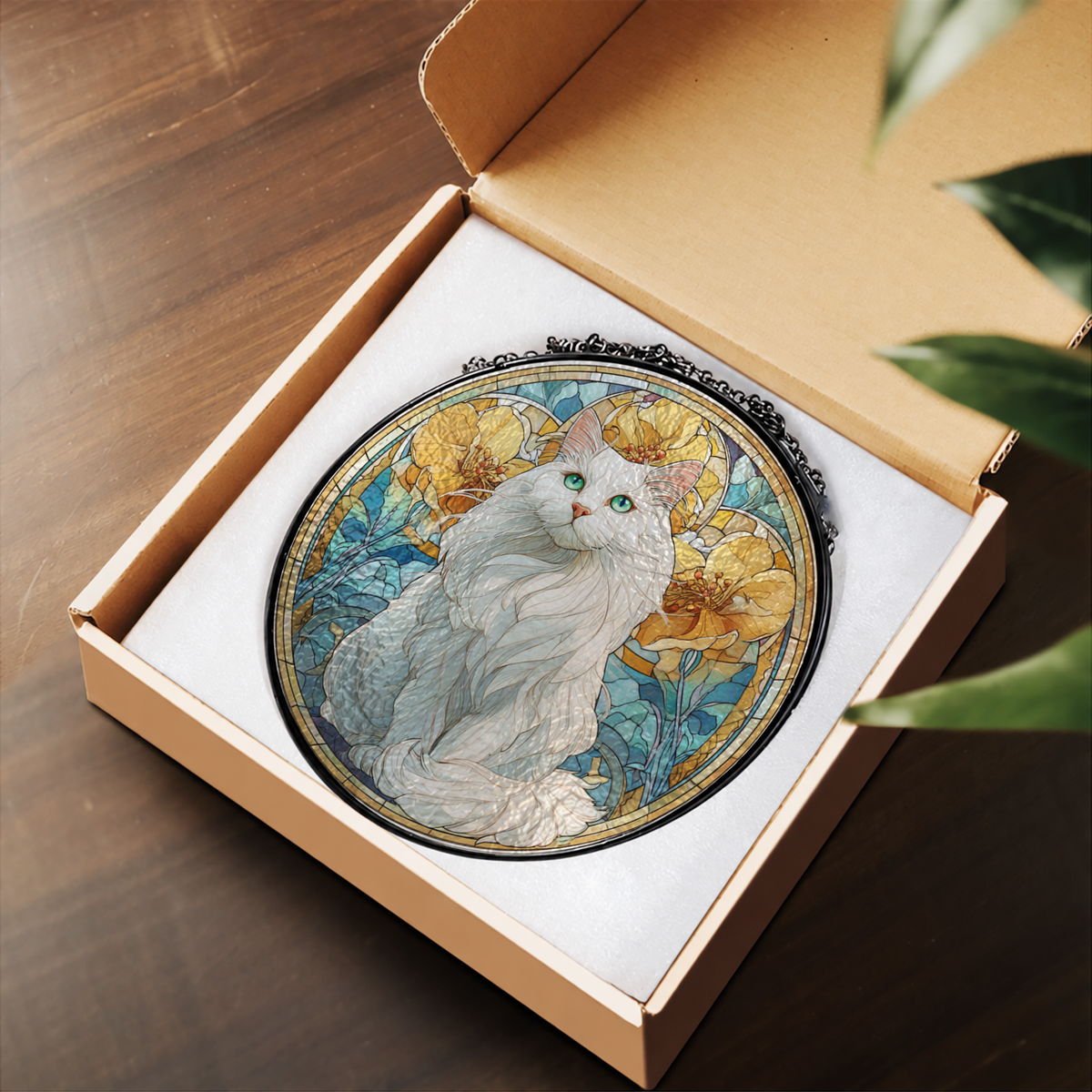 Fluffy White Cat in Flower Garden stained glass suncatcher – flat printed artwork design