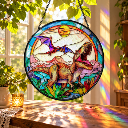 Fox with Butterflies in Wildflower Field stained glass suncatcher window hanging – front design view
