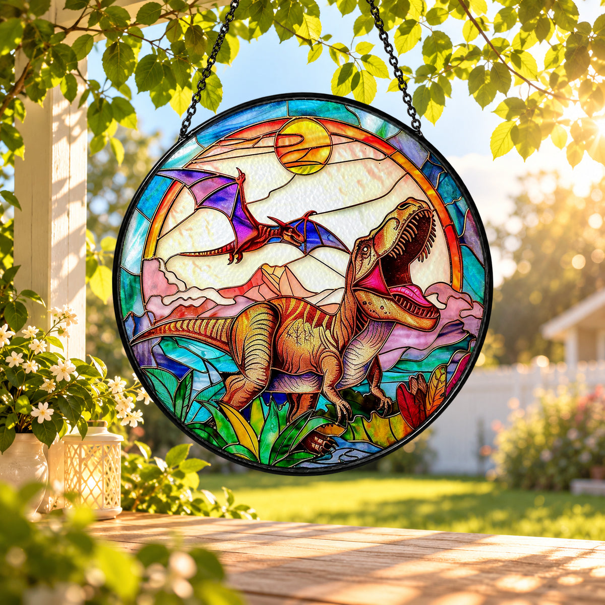 Fox with Butterflies in Wildflower Field stained glass window suncatcher – third gallery view