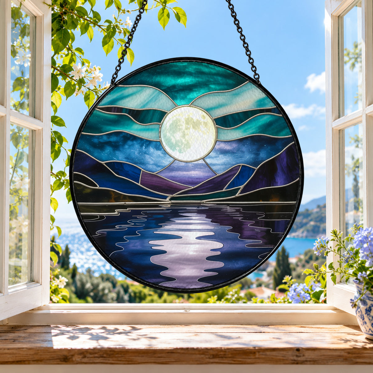 Full Moon over Blue Mountain Lake stained glass suncatcher window hanging – front design view