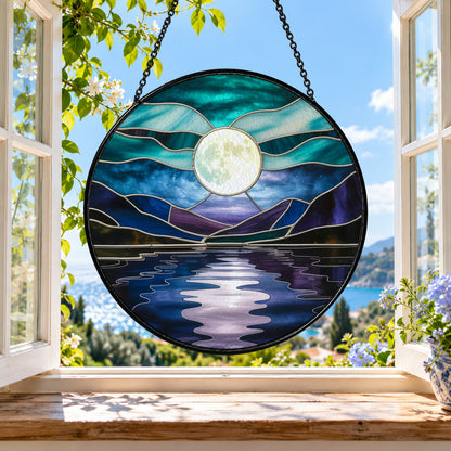 Full Moon over Blue Mountain Lake stained glass suncatcher window hanging – front design view